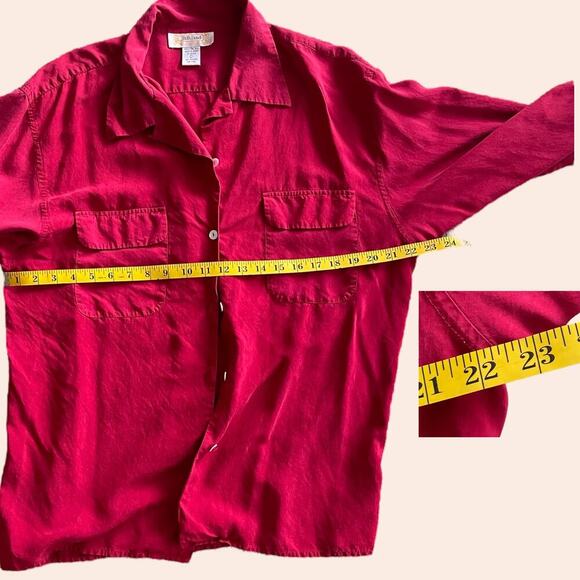 Vintage Red 100% Silk Blouse Size Large Silkland Collar Button Down Pocket - Picture 3 of 7